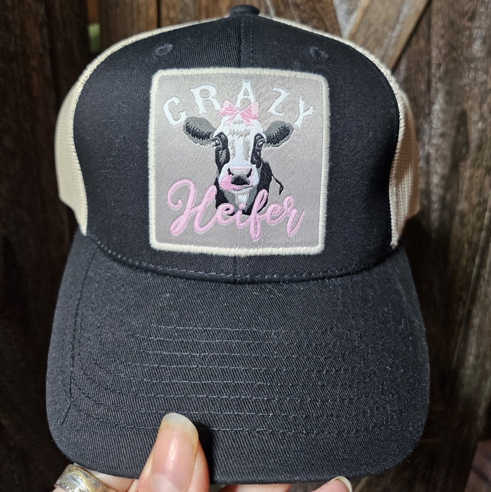 NWT Black Cowgirl Themed Trucket Hat Cap with Fun Crazy Heifer Embroidery